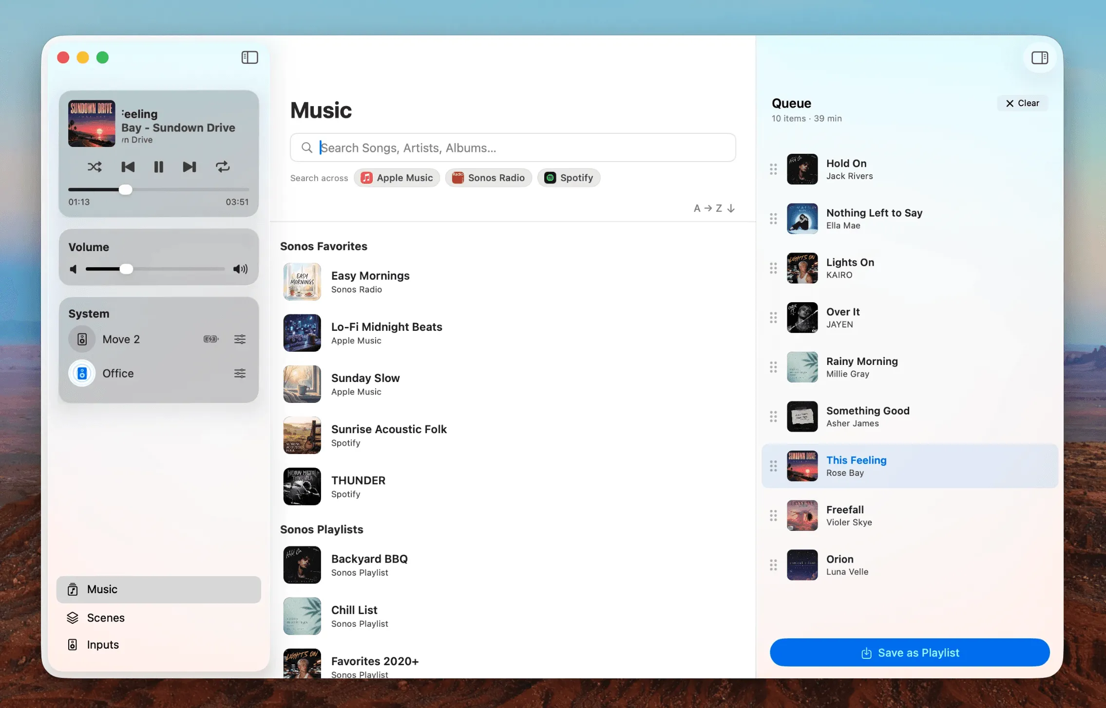 The MBC music library window browsing albums across streaming services