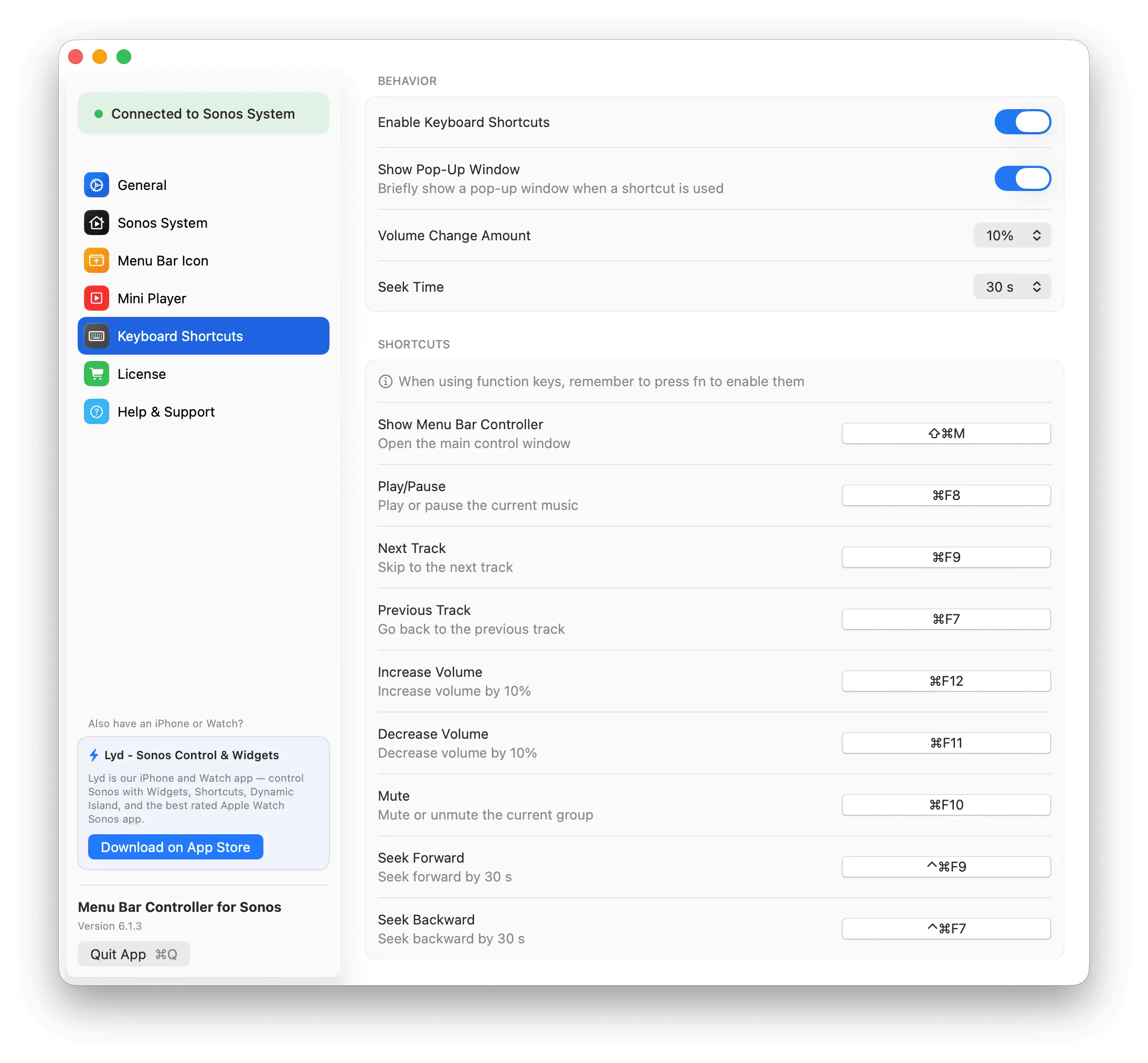 The Keyboard Shortcuts panel in MBC settings, listing every action with its assigned shortcut