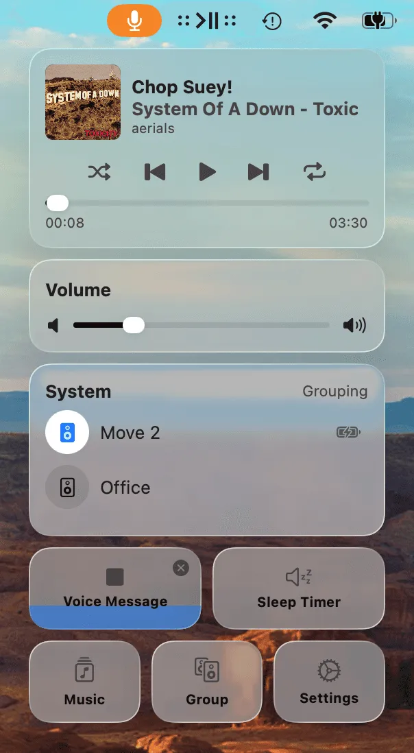The Menu Bar Controller popup mid-recording: the Intercom tile shows a stop button and a progress bar, and the menu bar icon has turned into an orange microphone