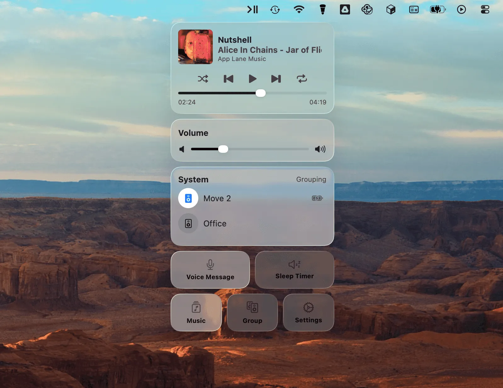 The Menu Bar Controller panel open below the macOS menu bar