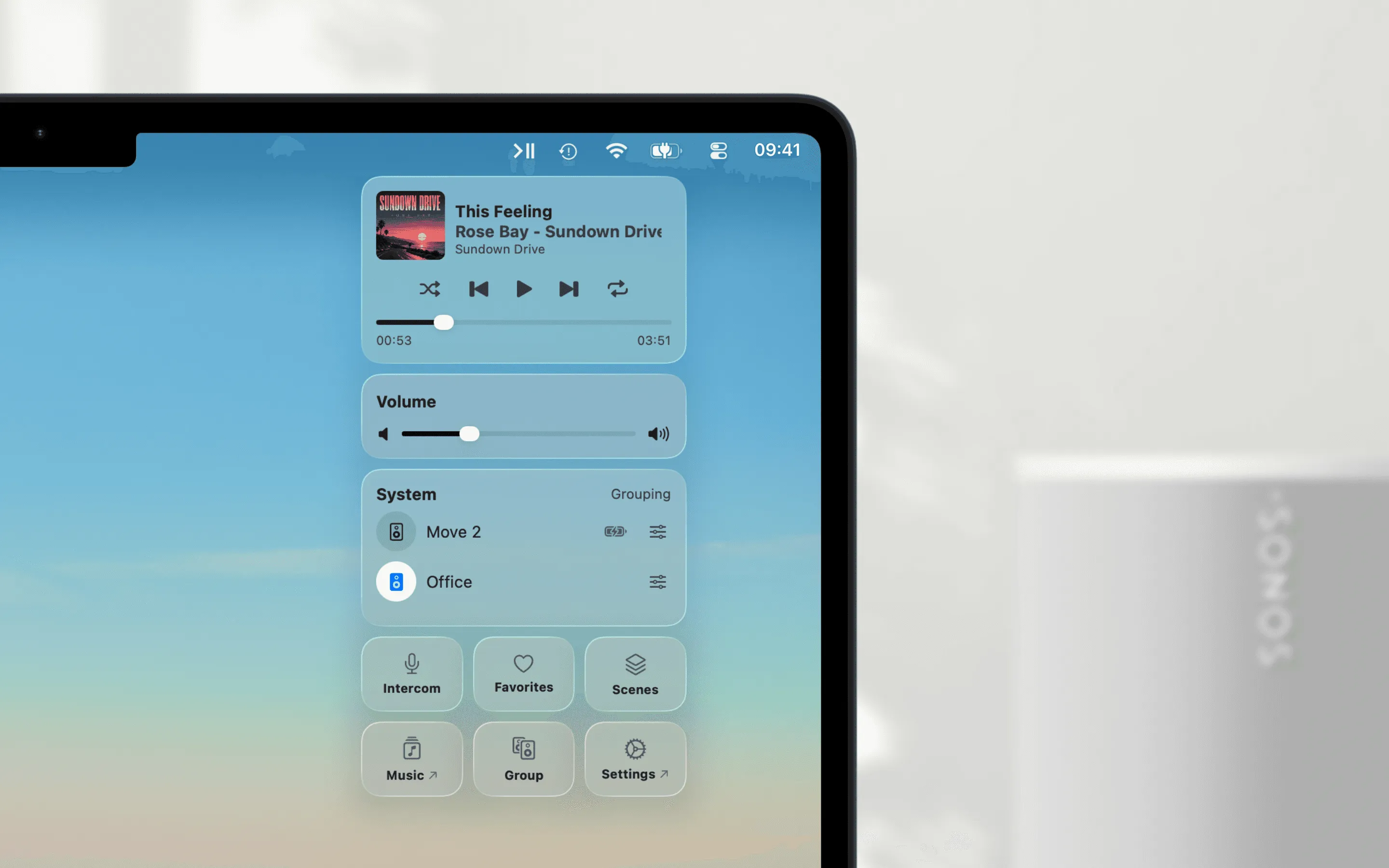 MBC's menu bar popup open in the corner of a MacBook screen, showing the track playing, a volume slider and a room list with Move 2 and Office, with a Sonos speaker beside the laptop