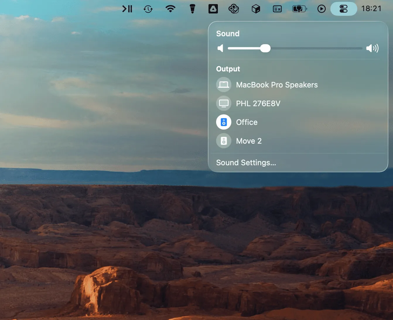 Sonos speakers listed as AirPlay outputs in the macOS volume picker