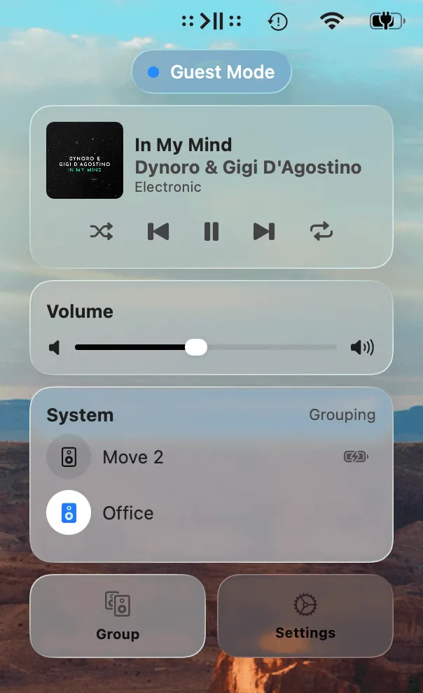 MBC's menu bar popup with a Guest Mode badge, showing the current track, volume, and the speakers found on the local network
