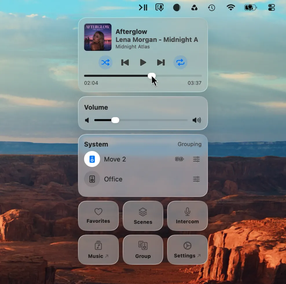 MBC's menu bar popup with the now-playing card, a volume slider, and a System list showing Move 2 selected above Office