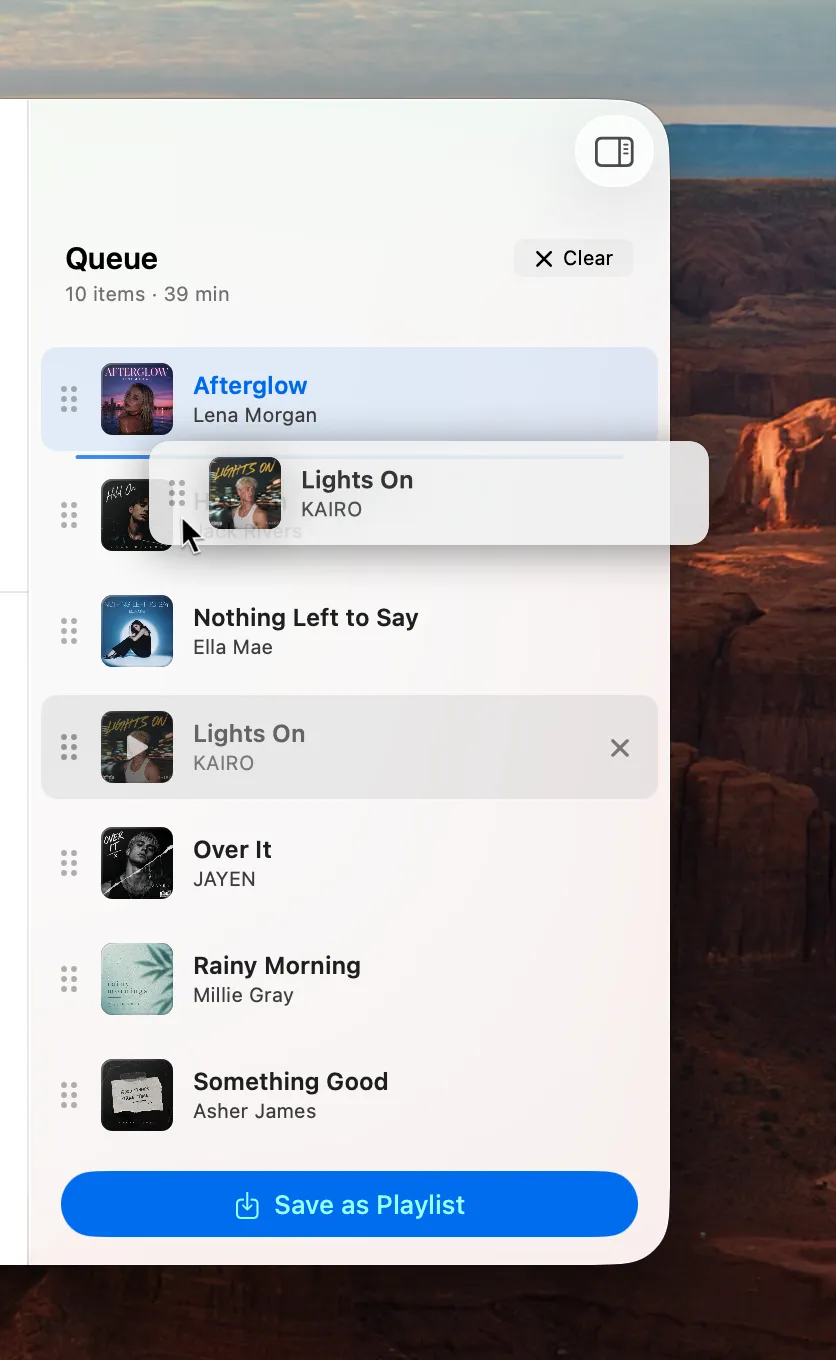 The Queue panel with a track lifted mid-drag to reorder it, and the Save as Playlist button below
