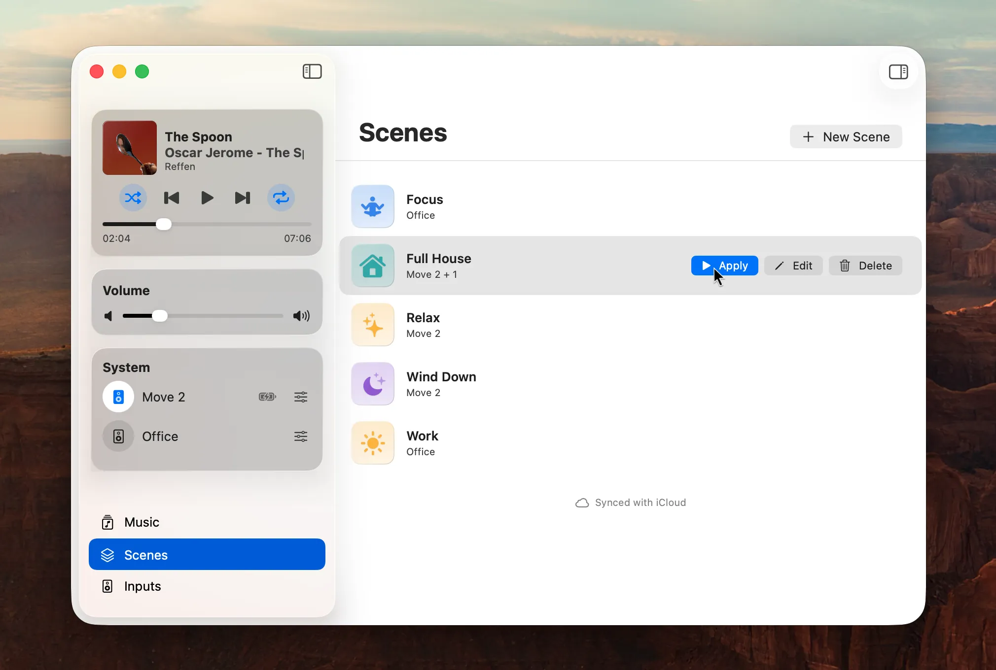 The Scenes page in the Music Library window: a list of Scenes with their icons, an Apply, Edit and Delete row on the highlighted Scene, and a Synced with iCloud line below