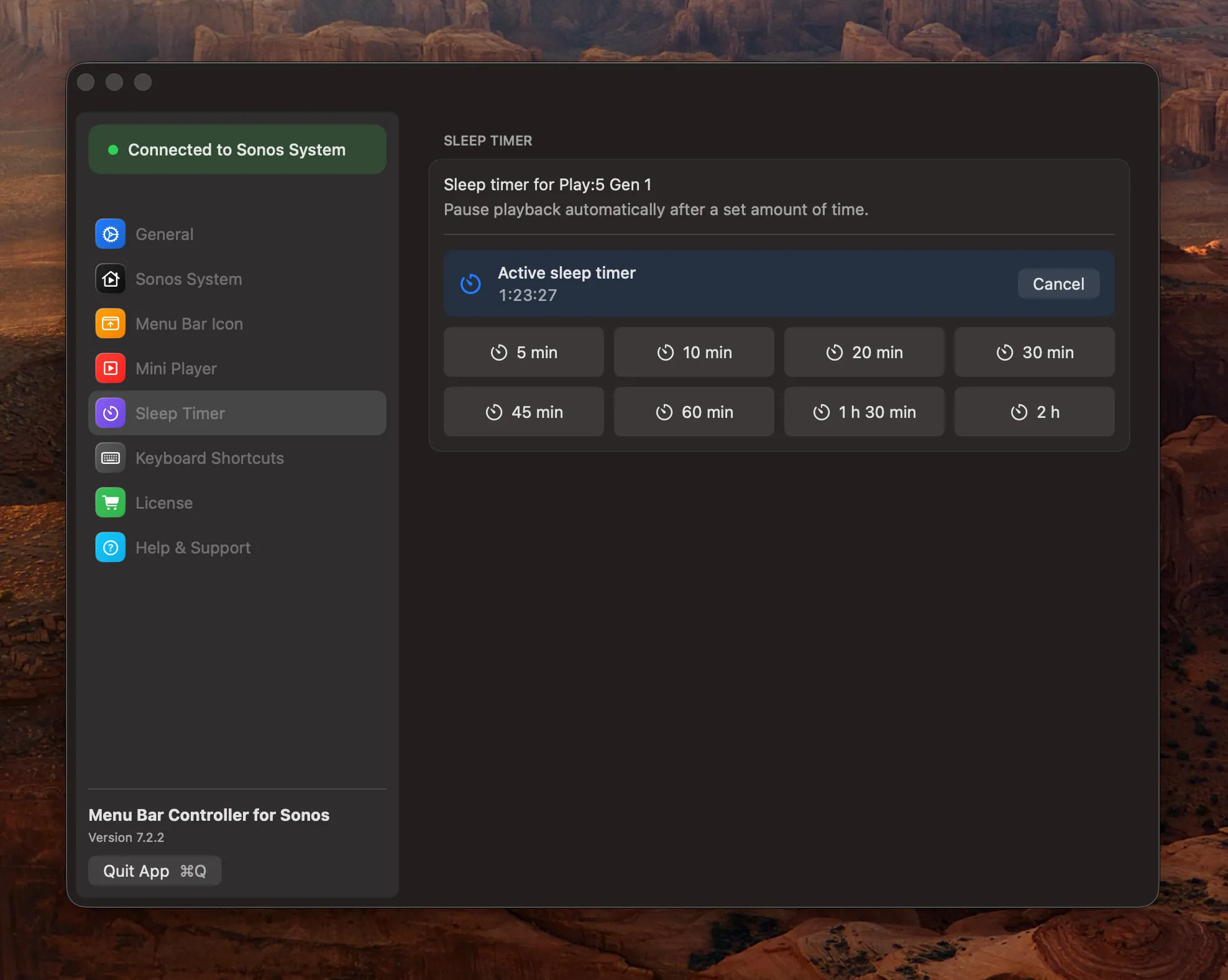 MBC's Settings window with Sleep Timer selected, showing eight duration buttons from 5 minutes to 2 hours