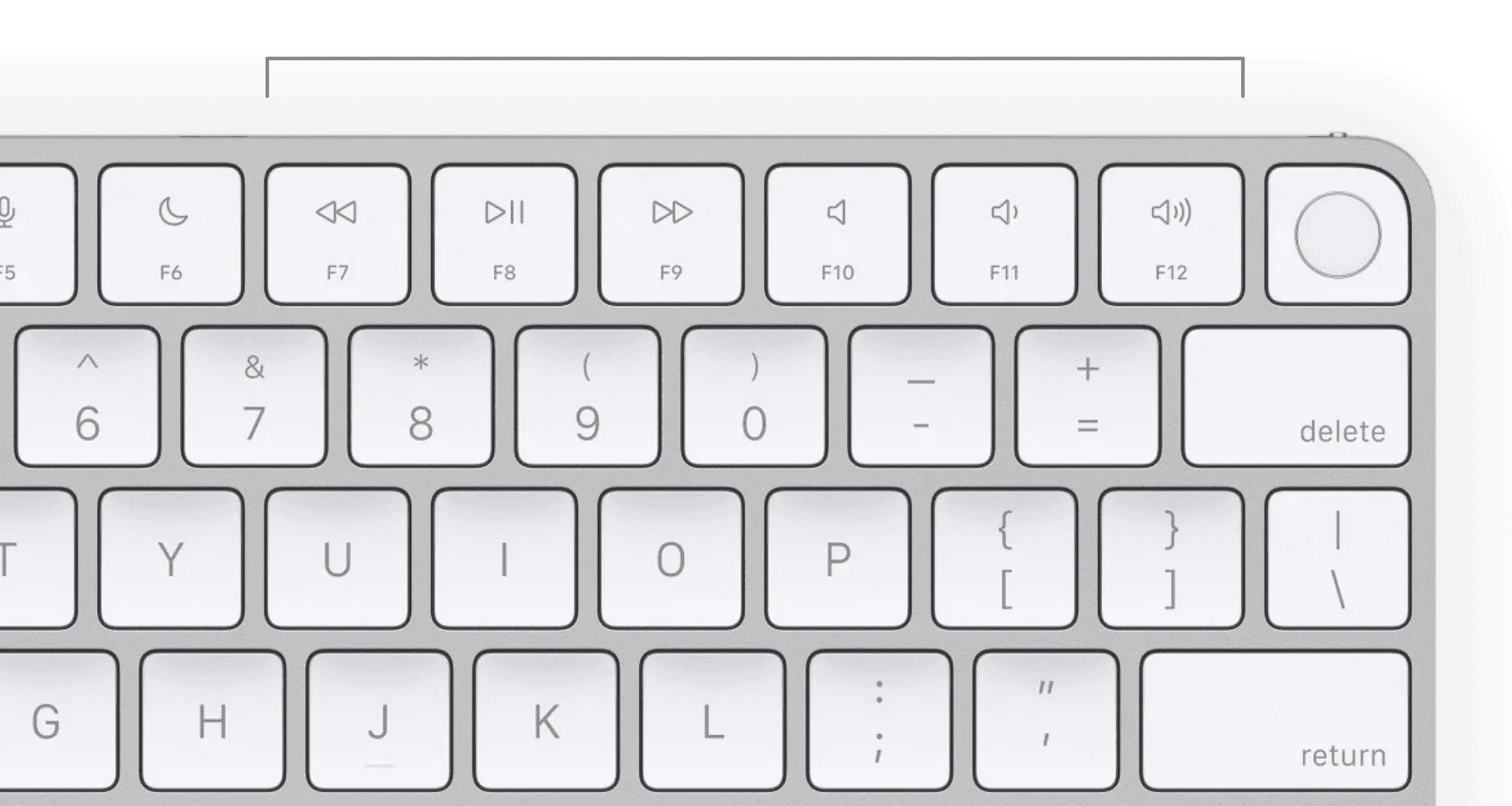 Close-up of a Mac keyboard's top-right corner, with the media and volume keys F7 to F12 bracketed together