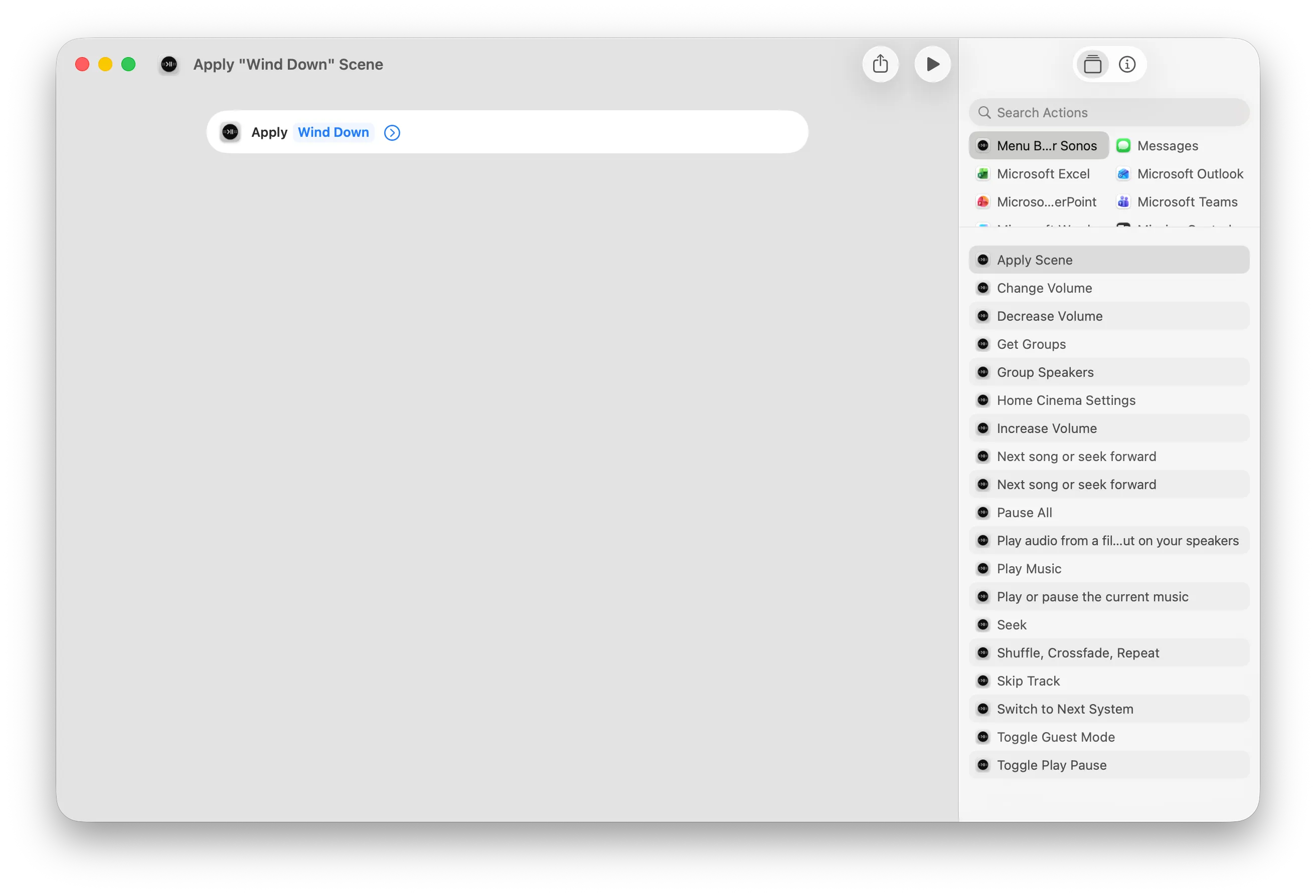 A macOS shortcut named Apply Wind Down Scene containing a single Apply Scene action, with the full list of Menu Bar Controller actions in the sidebar beside it