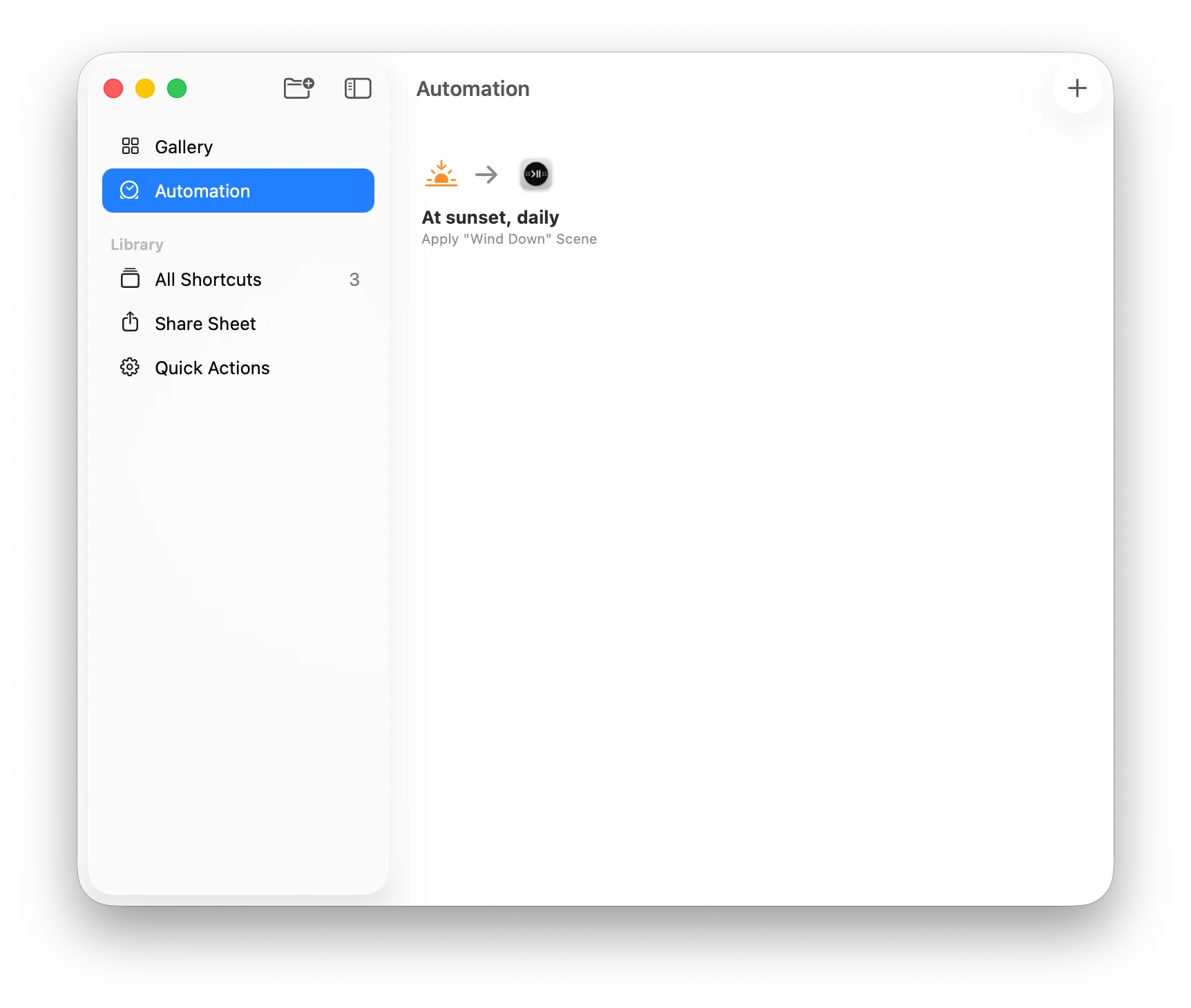 A finished automation in the Shortcuts app: a sunset icon, an arrow, the Menu Bar Controller icon, labeled At sunset daily, Apply Wind Down Scene