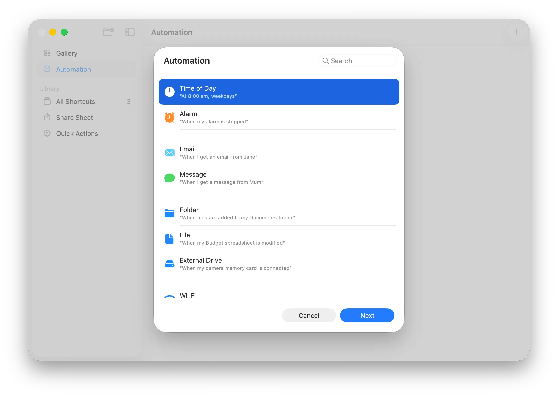 The Shortcuts app's automation trigger picker on macOS, listing Time of Day, Alarm, Email, Message, Folder, File, External Drive and Wi-Fi