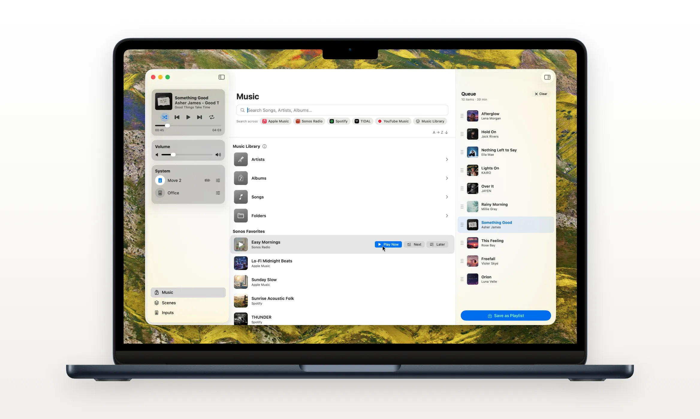 MBC's Music Library window on a MacBook, showing artists, albums and folders