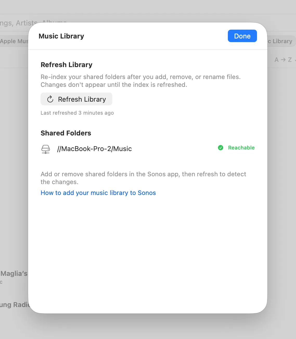 MBC's Manage Music Library sheet listing shares and the refresh control