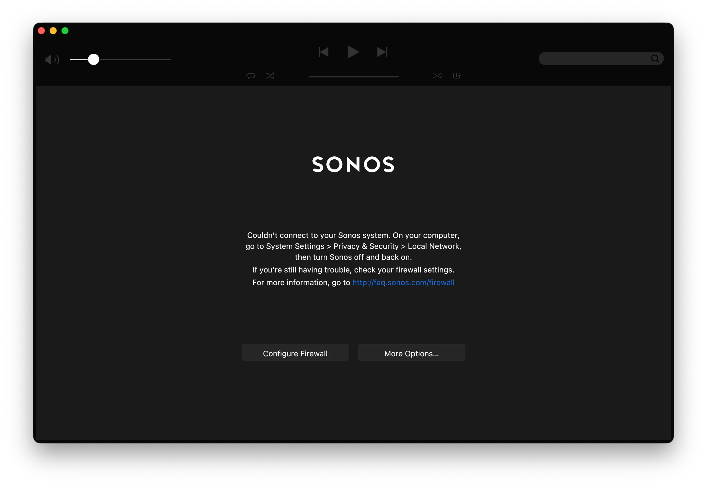 Die Sonos Desktop-App am Mac mit der Meldung „Couldn’t connect to your Sonos system“ und dem Hinweis auf Systemeinstellungen, Datenschutz & Sicherheit, Lokales Netzwerk