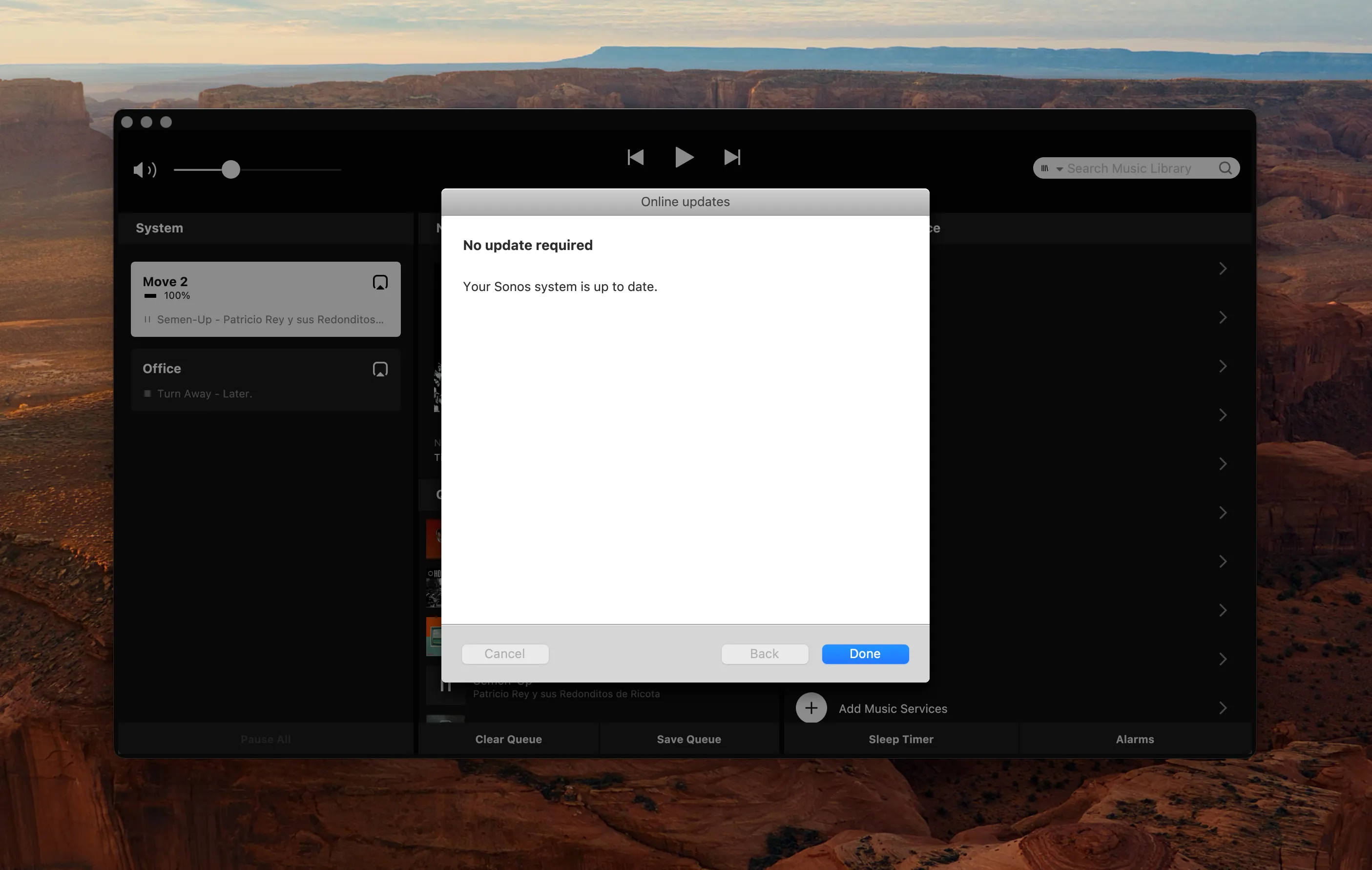 The discontinued Sonos desktop app open on a Mac, showing its update dialog