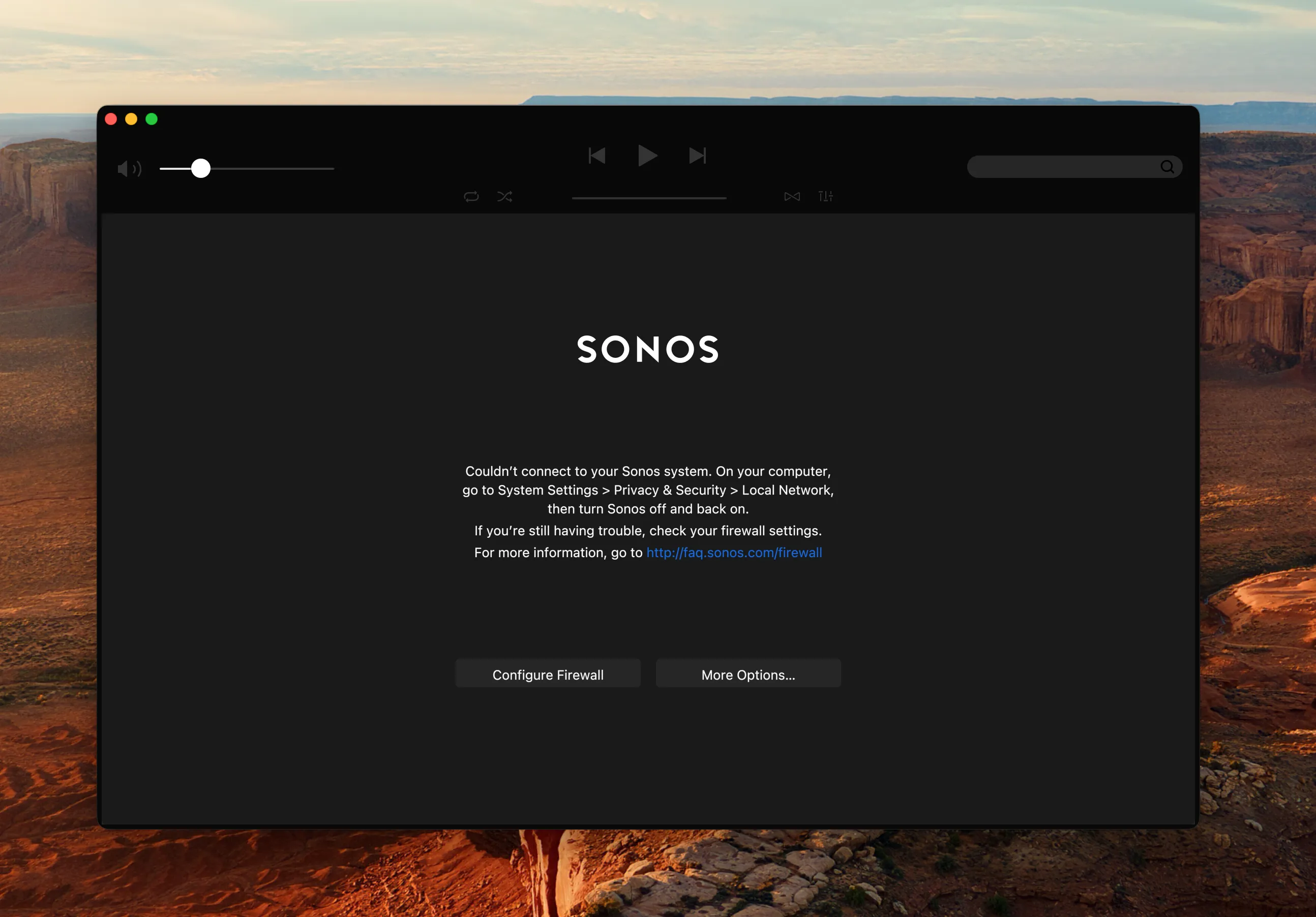 The Sonos desktop app open on a Mac, reporting that it couldn't connect to your Sonos system