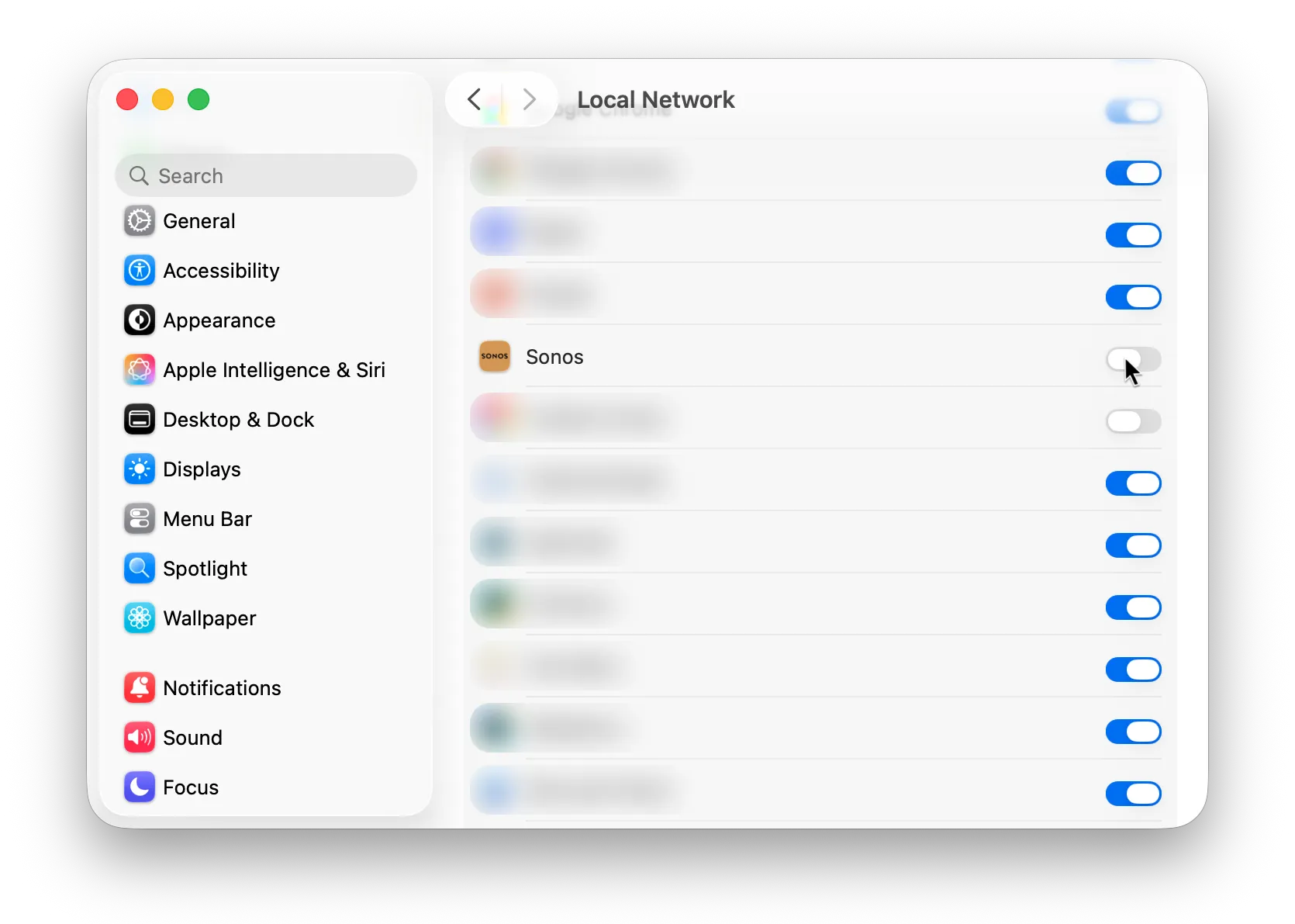 The Local Network permission list in macOS System Settings