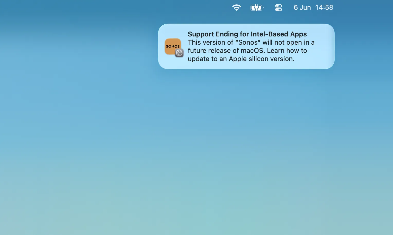 A macOS notification on the desktop, reading "Support Ending for Intel-Based Apps: this version of Sonos will not open in a future release of macOS"