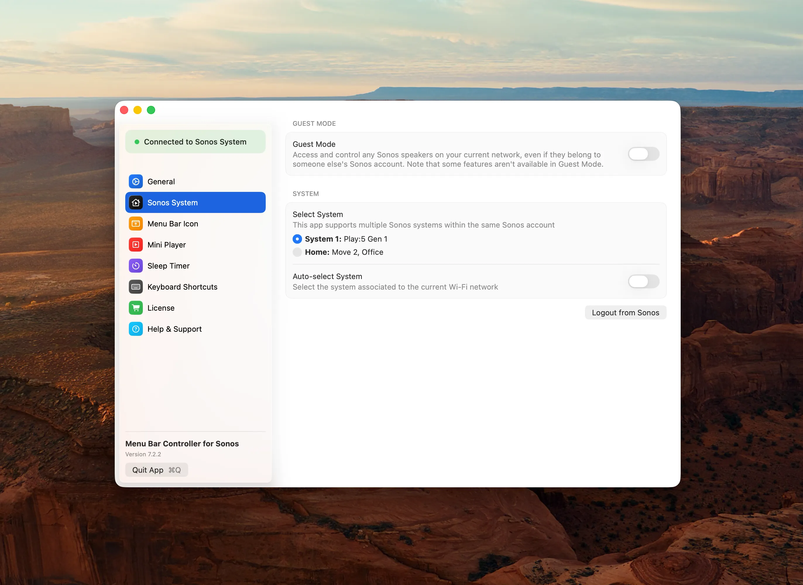 MBC's Settings window on Sonos System, listing two Sonos systems — one holding a Play:5 Gen 1, the other Move 2 and Office — with the Auto-select System toggle below them