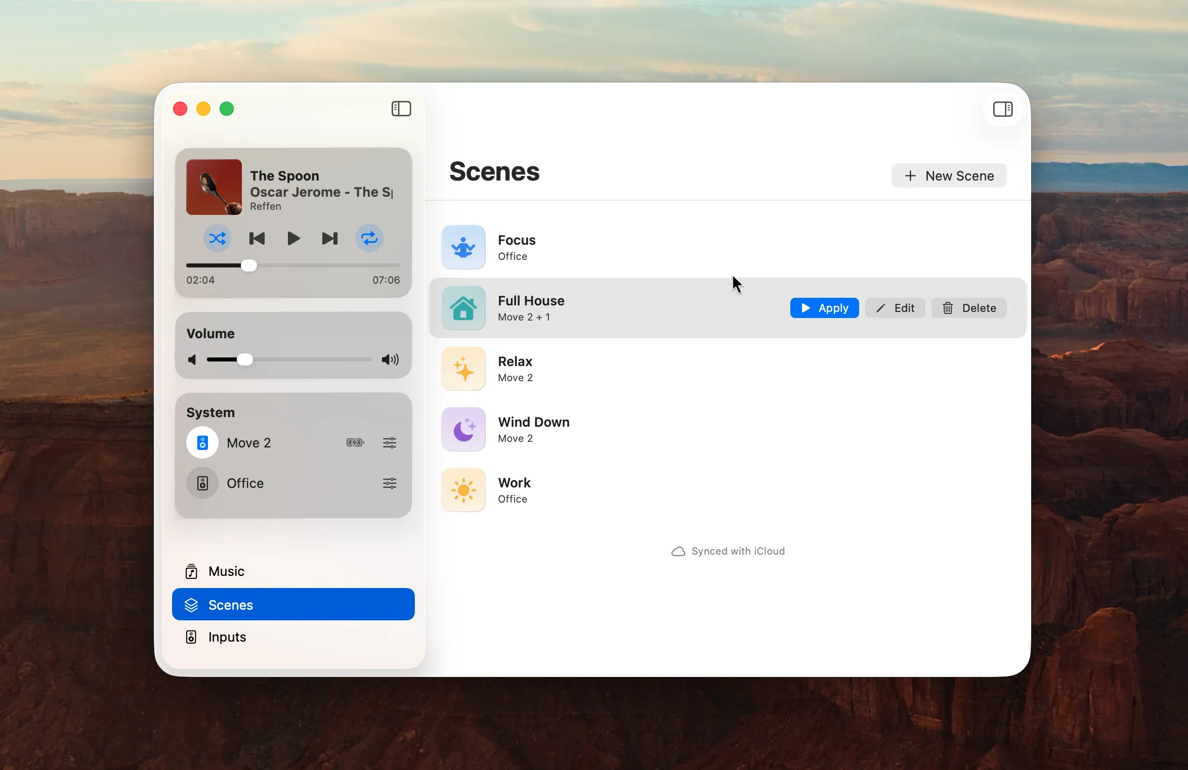The Scenes page in MBC's Music Library window, with Apply, Edit and Delete on the highlighted Scene