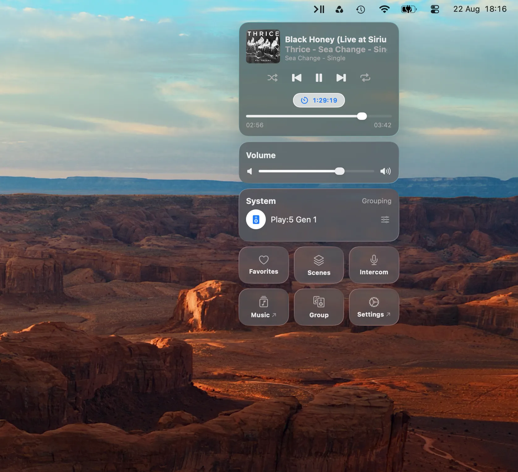 MBC's menu bar popup on a Mac desktop, with a sleep timer counting down beside the playback controls