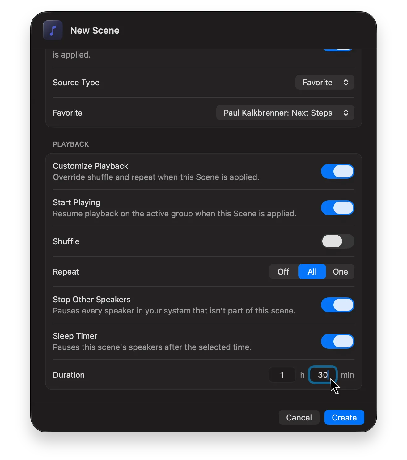 The Scene editor with the Sleep Timer toggle switched on and a duration of 1 hour 30 minutes