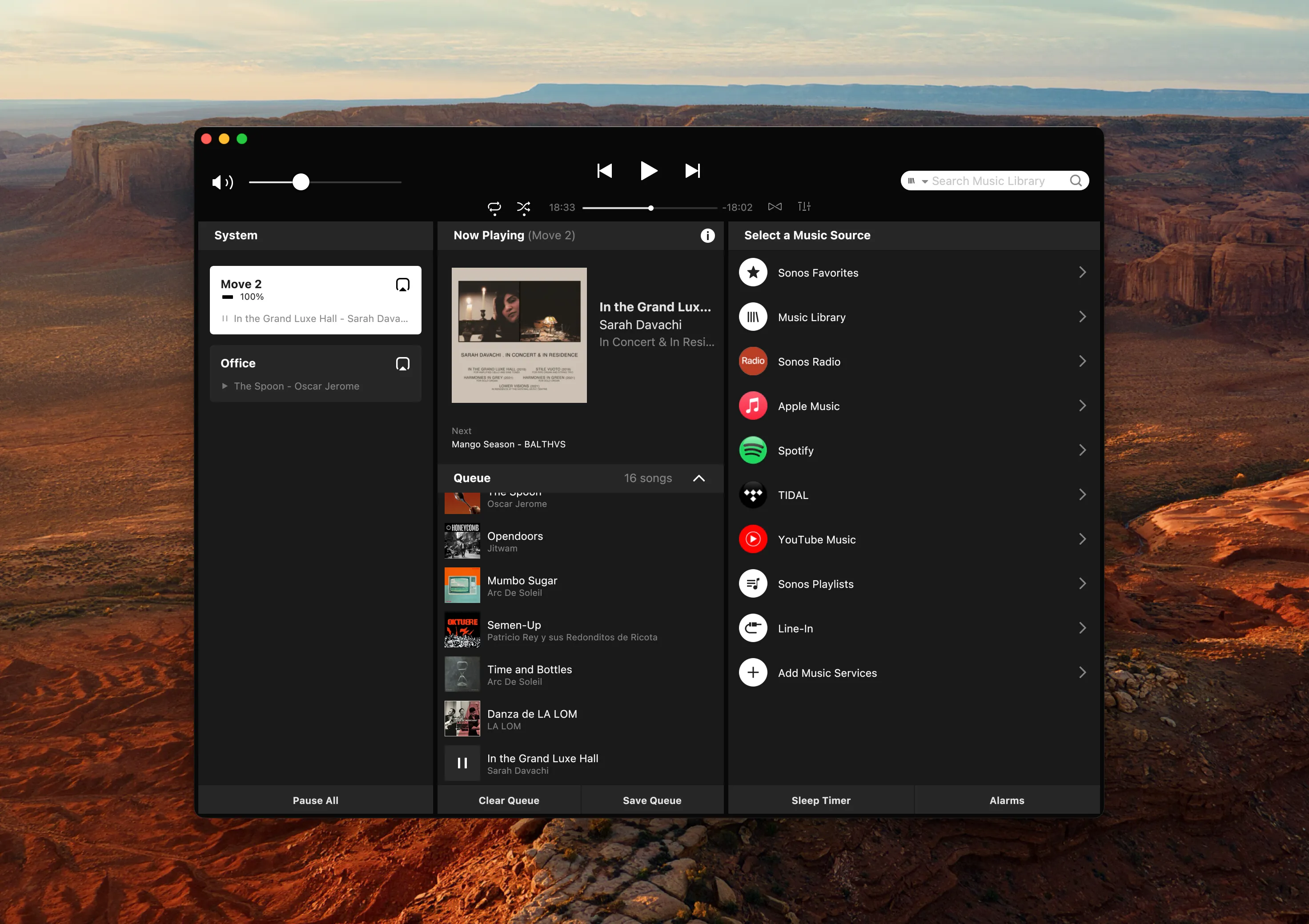 MBC's menu bar popup open in the corner of a MacBook screen, showing the track playing, a volume slider and a room list with Move 2 and Office, with a Sonos speaker beside the laptop