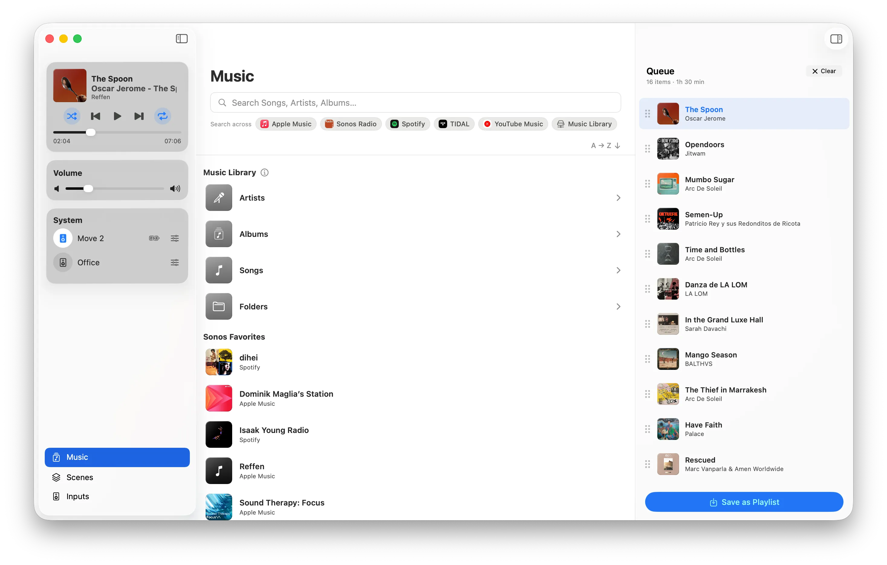 MBC's Music Library window with Artists, Albums, Songs and Folders