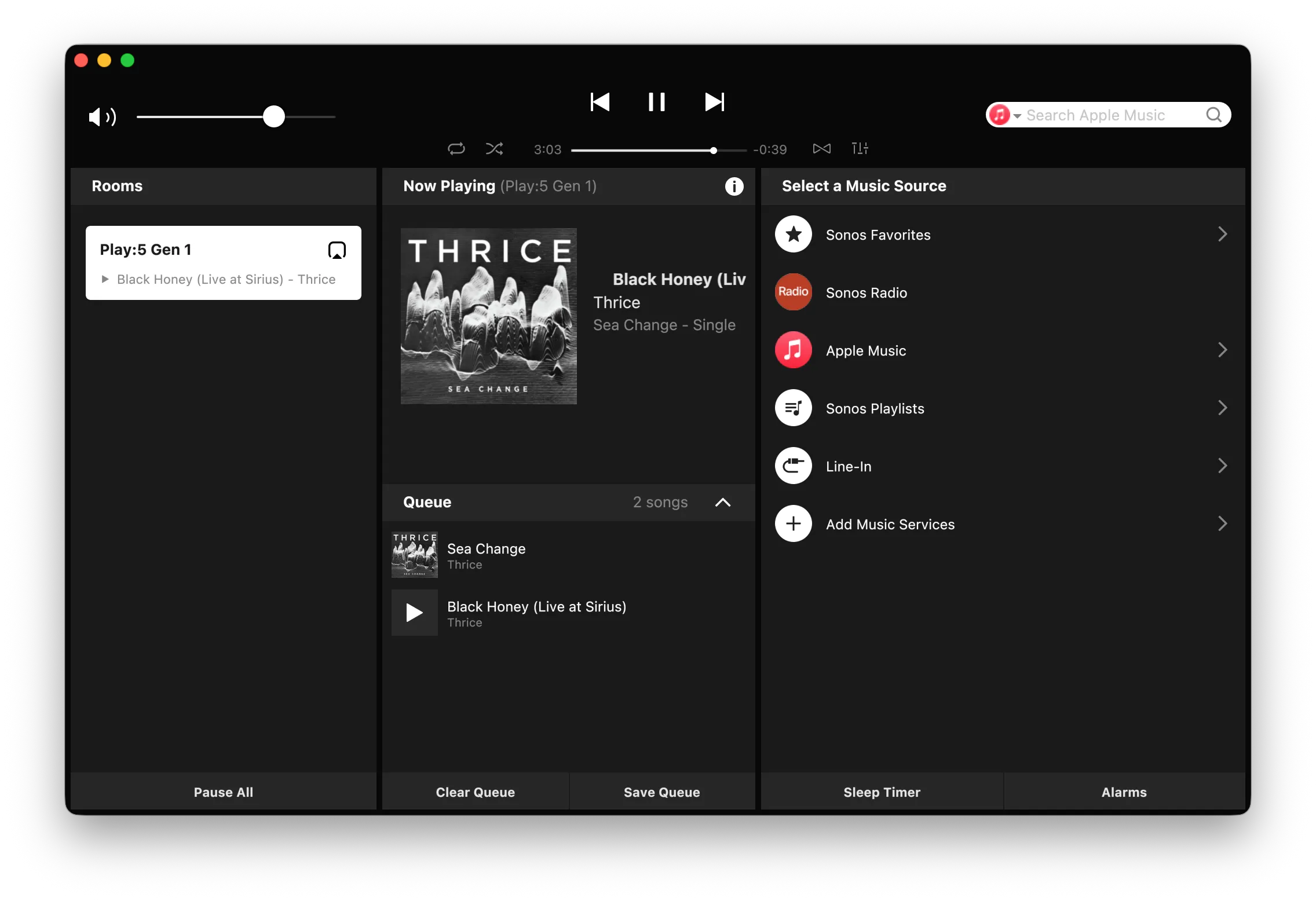 The Sonos S1 Controller for macOS, showing a room named Play:5 Gen 1 with a track playing, the queue, and the music source list