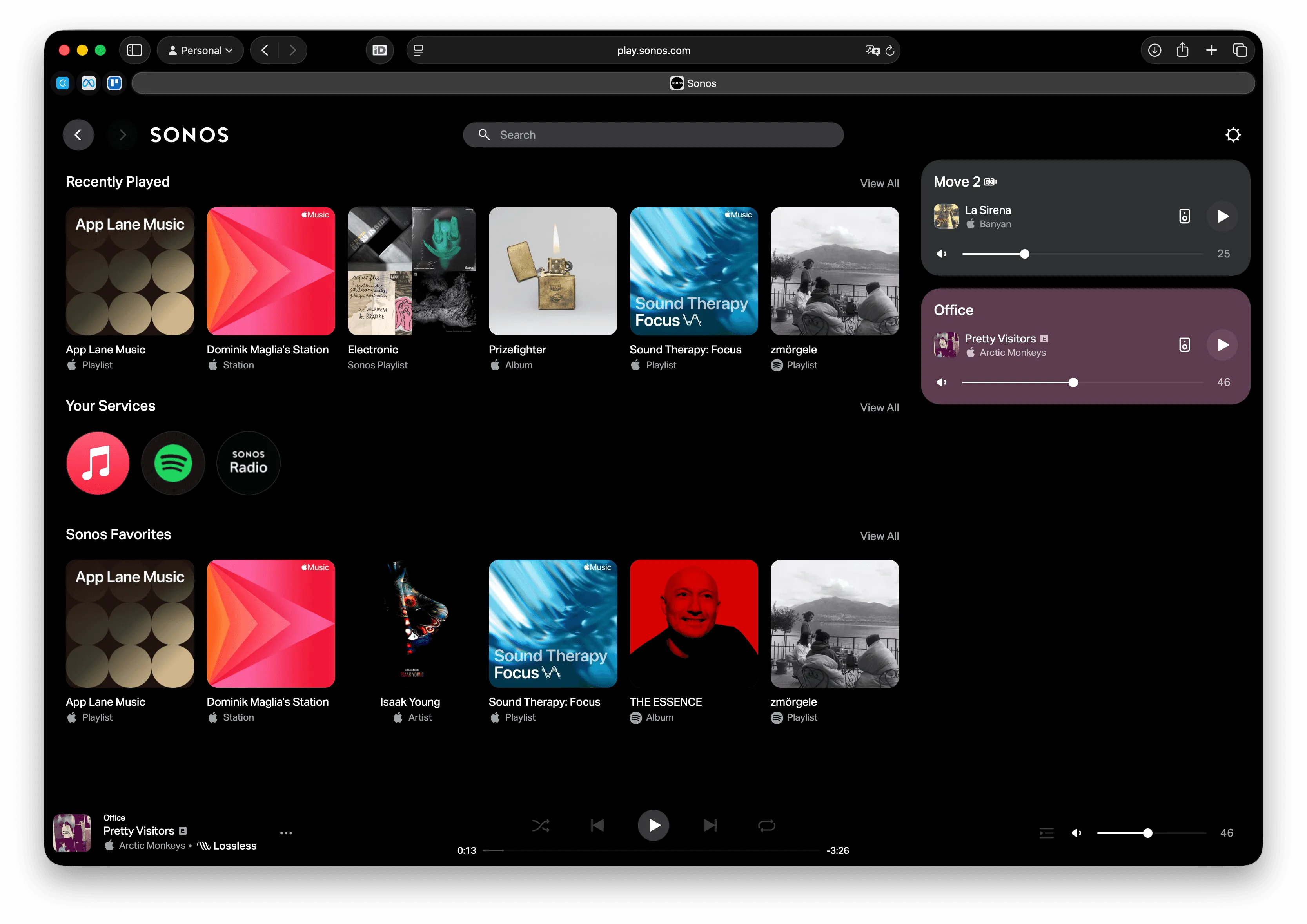 The Sonos Web App Controller running in a browser