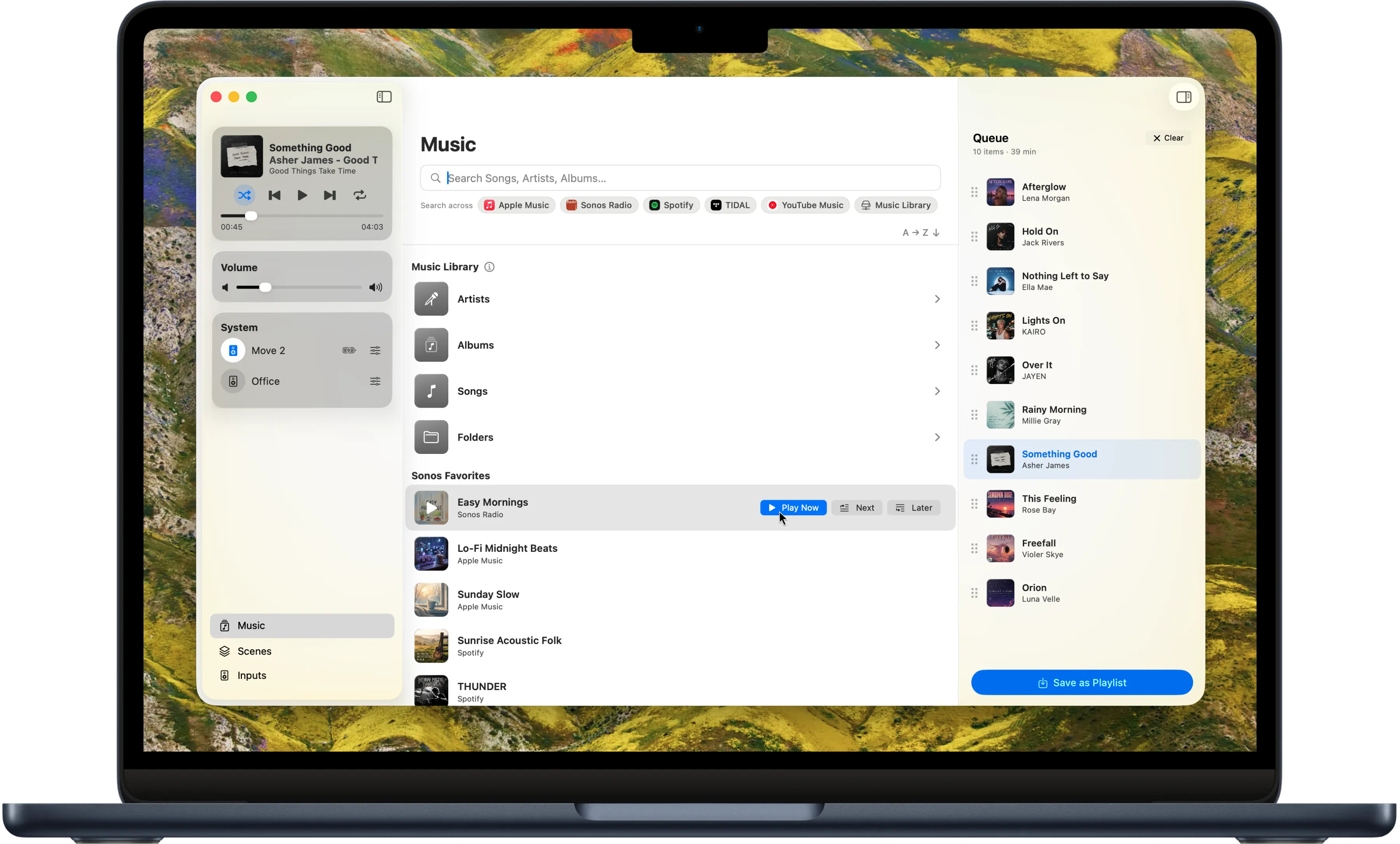 The MBC Music Library window on a MacBook: search across every streaming service, Sonos Favorites and Playlists, and the queue with Save as Playlist.